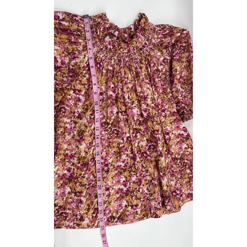 J. Crew Women’s S Pink Floral Blouse Smocked Ruffle Puff Sleeve Cottagecore